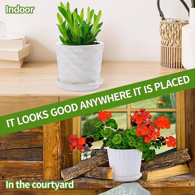 Plant Pots - 5.5 Inch Cylinder Ceramic Planters with Connected Saucer, Pots for Succuelnt and Little Snake Plants, Set of 4, White by GreenHaven Gardens