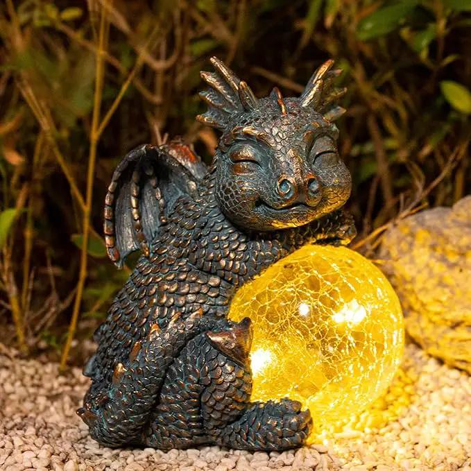 WONDER GARDEN Dragon Statue - Sleeping Dragon Figurines Solar Light Resin Garden Statues with Crackled Glass Globe Outdoor Waterproof Lawn Ornament Decor by GreenHaven Gardens