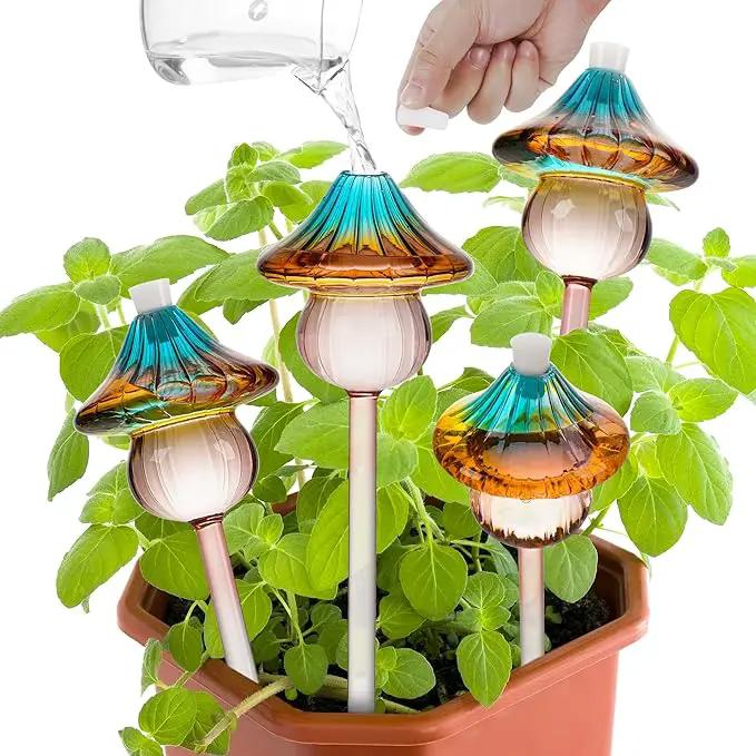 Plant Watering Globes Mushroom, Rainbow Gradient Color Glass Watering Bulbs, Self Watering Planter Insert, Self Watering Globes - Plant Watering Devices for Travel Vacation (4 PCS) by GreenHaven Gardens