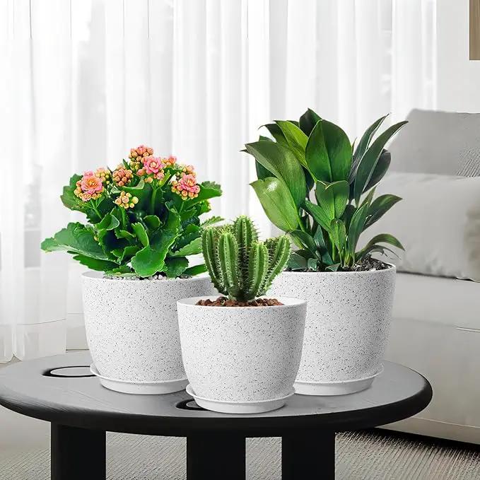 9/8/7.5 inch Flower Pots, Set of 3 Modern Decorative Plastic Planters with Drainage Holes and Saucers for Garden House Plants, Plant Pots for Indoor Outdoor Plants, Speckled White by GreenHaven Gardens