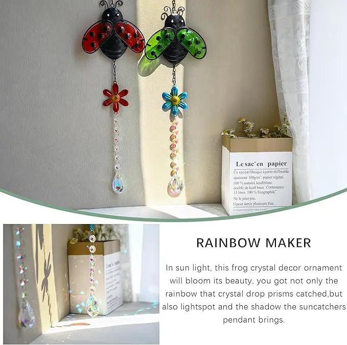 19'' Crystal Garden Suncatcher Decor Set 2 Stained Glass Metal Ladybugs Window Hanging Crystal Prisms Suncatcher for Outdoors Rainbow Maker (Red & Green) by GreenHaven Gardens