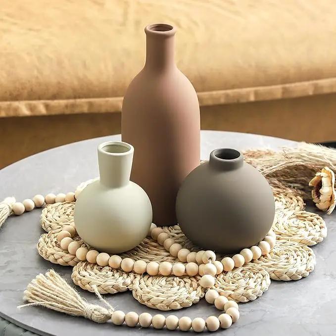 Vase Set of 3 | Ceramic Neutral Vases Home Decor | Rustic Flower Pottery Vases Modern Farmhouse Vase for Table Entryway Mantel Centerpiece Bookshelf Living Room Bathroom Bedroom -Brown Large by GreenHaven Gardens