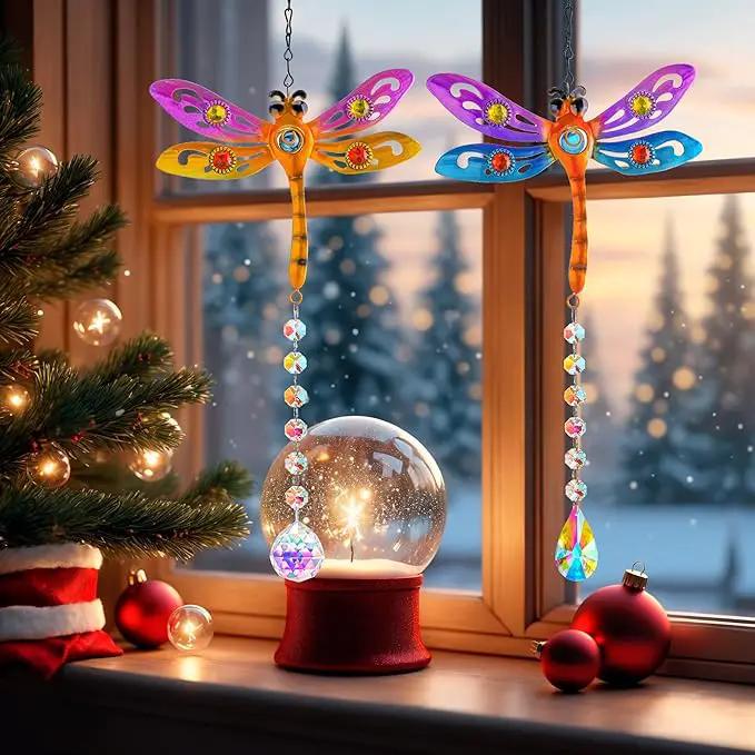 Crystal Dragonfly Suncatchers for Christmas, 2 Pack Dragonfly Sun Catcher for Windows Hanging, Stained Glass Dragonfly Ornament for Outdoor Home Decor by GreenHaven Gardens