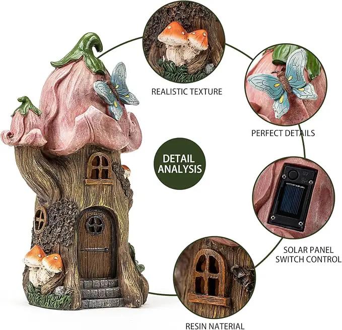 Fairy Garden Accessories Outdoor Statues, Mushroom House Decor,Large Gnome Solar Powered Lights Sculptures,Pink Resin Figurine Butterfly Figurines Lawn Ornaments for Patio Yard Decorations 11Inch by GreenHaven Gardens