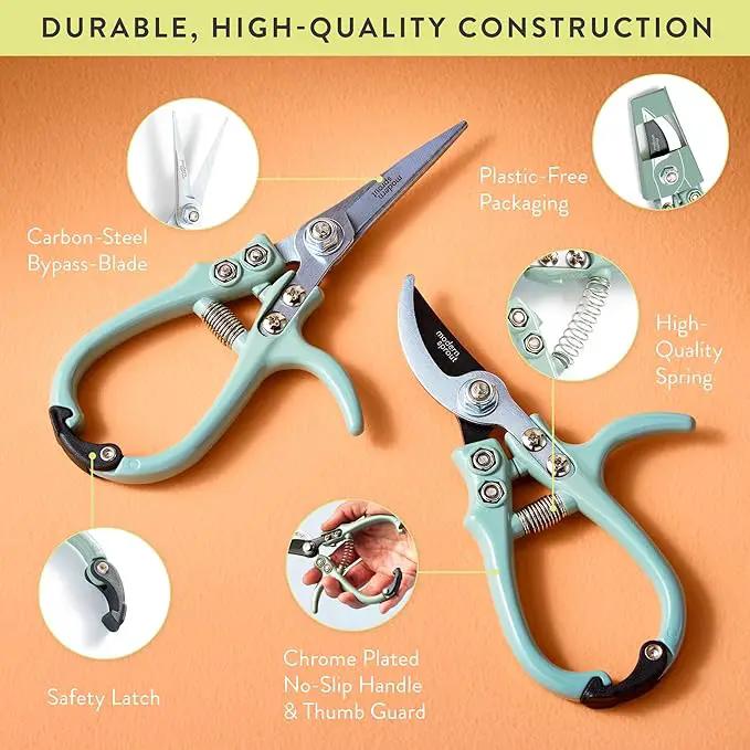 Modern Sprout Hand Pruners & Shears Set - Lightweight Gardening Tools W/Easy Lock - Sharp Carbon Steel Blades -Rust Resistant Scissors for Herbs, Flowers - Reusable Holster - Ocean by GreenHaven Gardens