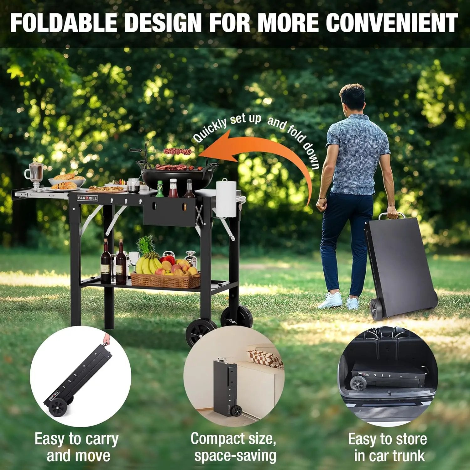 Outdoor Grill Table, Folding Grill Cart with Pull-out Side Table, Blackstone Griddle Stand, Fit 17 Inch Or 22 Inch, Stainless Steel BBQ Prep Station, Pizza Oven Stand by GreenHaven Gardens