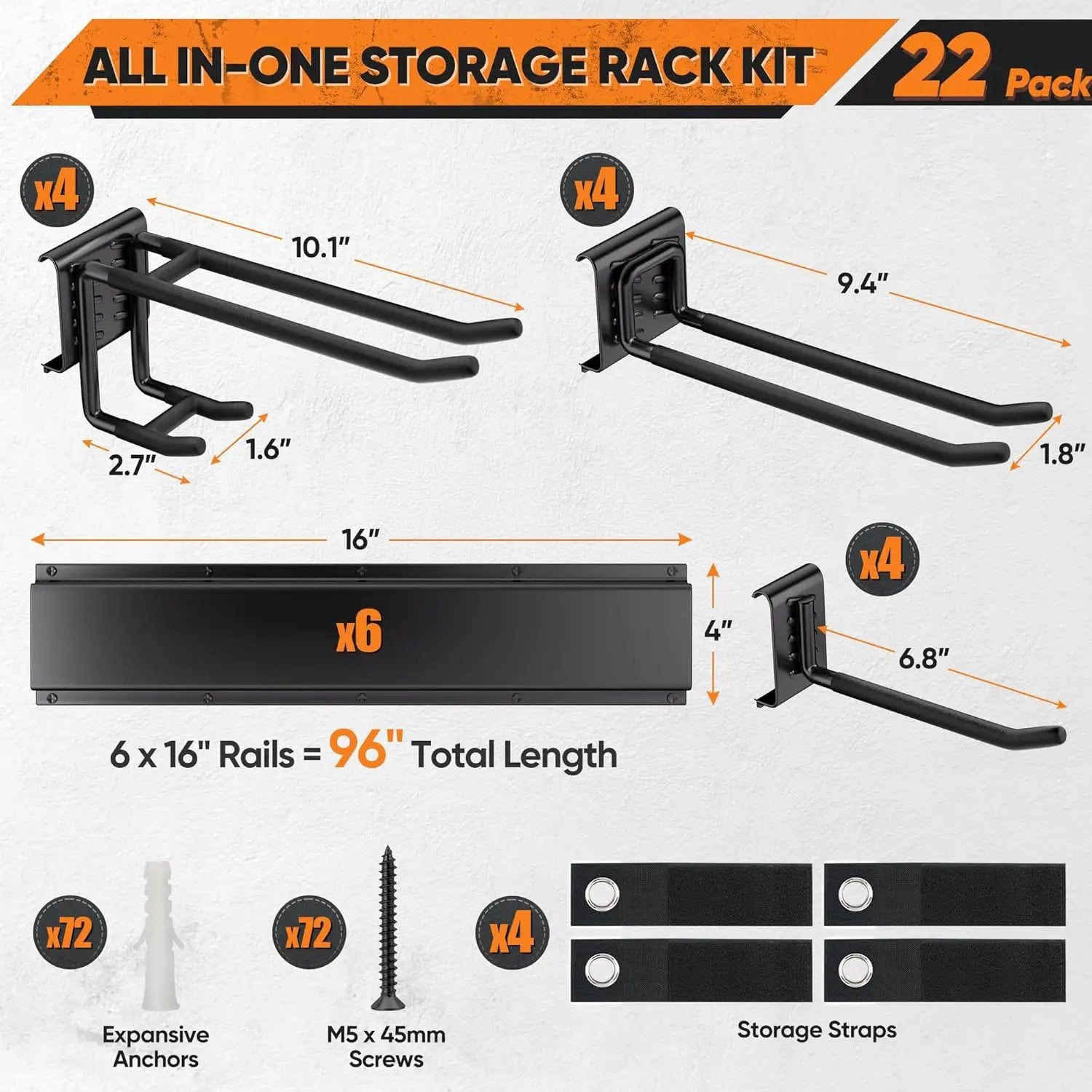 Garden Tool Organizer Wall Mount, 96 inches Tool Storage Rack with Adjustable Hooks, 600lbs Adjustable Heavy Duty Metal Hooks, Yard Shed Rack Holder System Hanging Rake Broom Mop Snowboard, Men Gift by GreenHaven Gardens