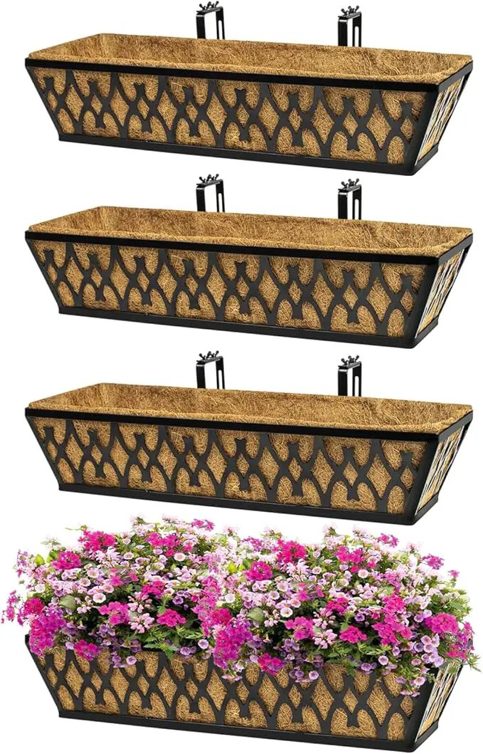 4 Pack 24 Inch Window Boxes Planters for Outdoor Plants Railing Planter Box with Adjustable Brackets for Windowsill Porch Fence Patio Hanging Flower Coco Baskets for Outside Decoration - Black by GreenHaven Gardens