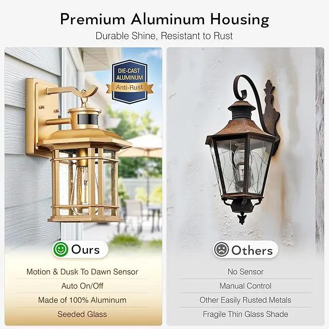 VIANIS Motion Sensor Porch Light, Gold Outdoor Light Fixture Dusk to Dawn, Outdoor Motion Sensor Light Wall Mount, Waterproof, Weather Resistant Carriage Lantern for House, Garage, Front Door by GreenHaven Gardens