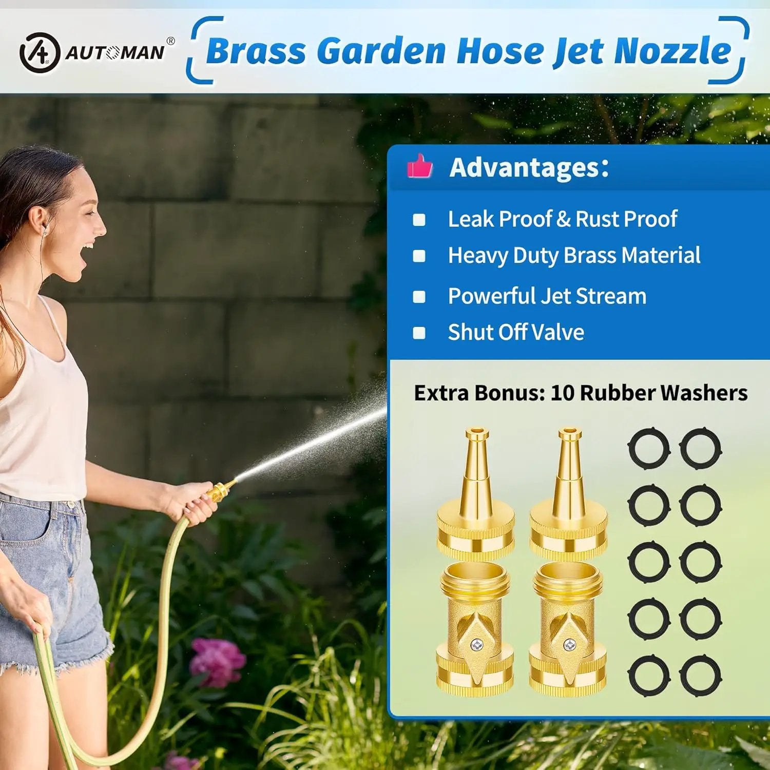 AUTOMAN Brass Hose Nozzle - High Pressure Jet Nozzle 4 Count (2 Set), Heavy Duty Water Hose Sprayer Sweeper with Hose Shutoff Valve, 3/4” GHT Nozzles for Garden Hose, Car Wash, Extra 10 Rubber Washers by GreenHaven Gardens
