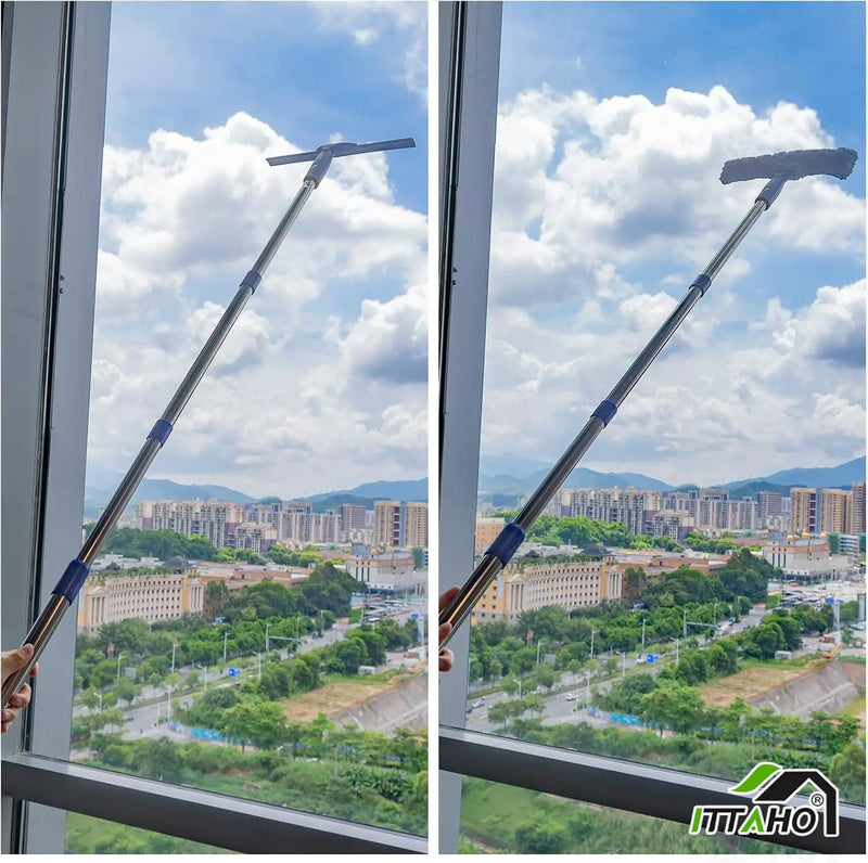 ITTAHO Squeegee for Window Cleaning,12" Squeegee and 11" Microfiber Scrubber Combi with Stainless Steel Pole,Extendable Window Cleaner for Car,Sliding Door,Shower Glass Door-Swivel Style-2 Pads by GreenHaven Gardens