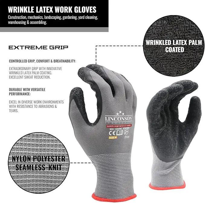 linconson 12 Pack Safety Performance Series Construction Mechanics Wrinkle Latex Work Gloves by GreenHaven Gardens