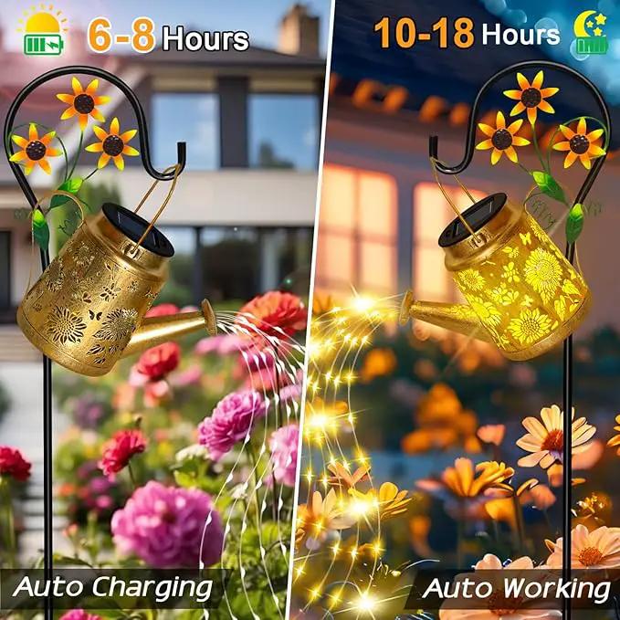 Solar Watering Can Lights Outdoor Garden Decor, Large Sunflower Hanging Lantern with Shepherd Hook, Yellow LED, Gold Finish, Floral Theme, Outdoor Decoration, Parties, Occasions by GreenHaven Gardens