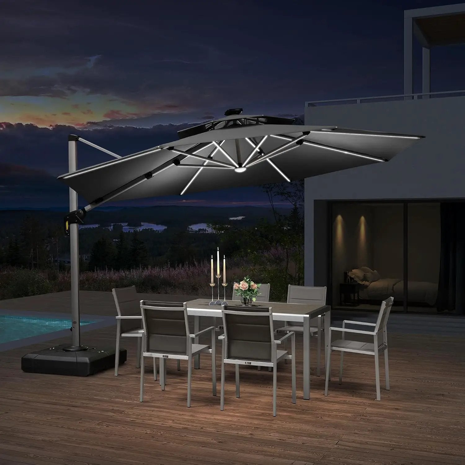 PURPLE LEAF 12ft Patio Umbrella With Base Solar powered LED Cantilever Umbrella with LED lights Windproof Outdoor Offset Umbrella for Garden Deck Pool Patio, Grey by GreenHaven Gardens