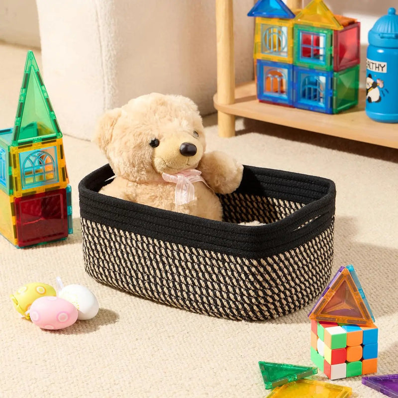 Small Storage Baskets for Organizing | Closet Organizer Bins | Shelf Toy Basket | Woven Rope Baskets | Cube Decorative Box | Shallow Basket | 13x8.5x5.1” | 3 Packs Black Brown by GreenHaven Gardens