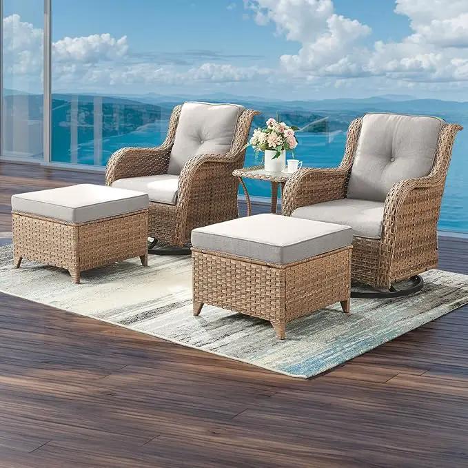 Outdoor Wicker Patio Furniture Set - 5 Pieces Rattan Patio Conversation Set with 2 Rocking Swivel Chairs,2 Ottomans and 1 Side Table for Porch Deck Backyard Garden(Yellow/Beige) by GreenHaven Gardens