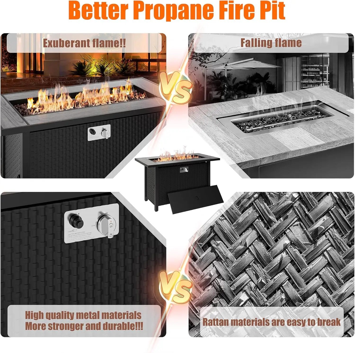 Walsunny 45 inch Outdoor Propane Fire Pit 50,000 BTU Gas Fire Pit Table with Lid, Lava Rock, Waterproof Cover, Rectangle Gas Firepit Table for Garden/Patio, CSA Certification by GreenHaven Gardens