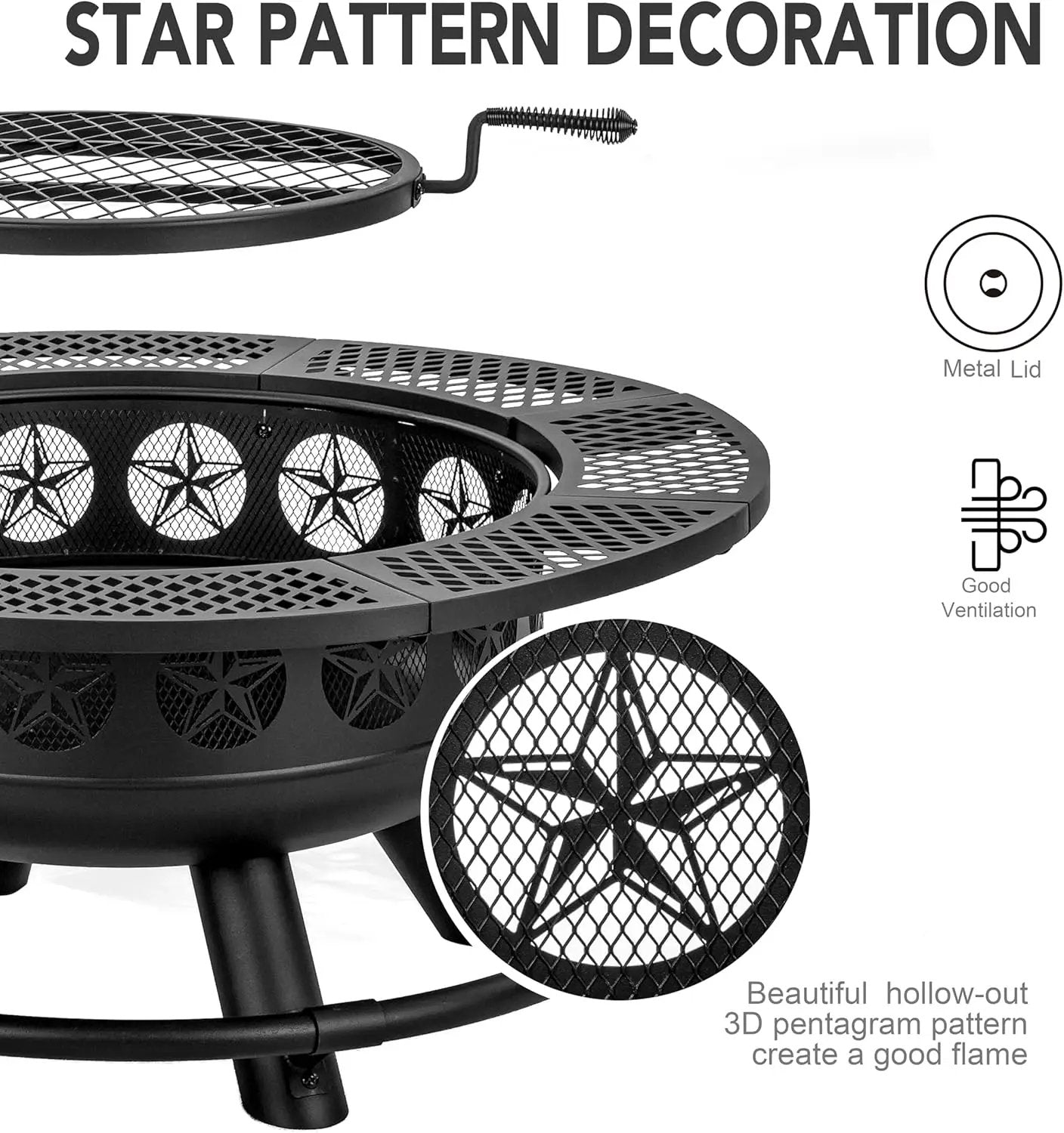 Fire Pit with Cooking Grill,Outdoor Wood Burning BBQ Firepit with Lid, 3-in-1 Outdoor Fire Pit for Backyard Deck Bonfire Patio Picnic by GreenHaven Gardens