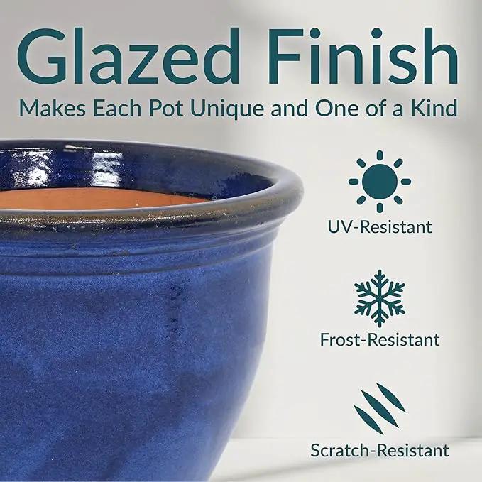 Sunnydaze 18.5" Large Ceramic Plant Pot - Round Outdoor Glazed Ceramic Planter Pot with Drainage - Imperial Blue - Studio by GreenHaven Gardens