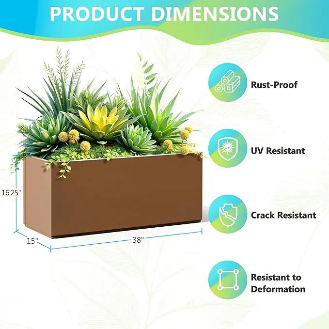 FENCY Large Metal Planter, Large Rectangular Planters for Outdoor Plants, Tall Outdoor Planters for Porch Patio, 38" L x 15" W x 16.3" H Brown Metal Planter with Drainage Hole by GreenHaven Gardens