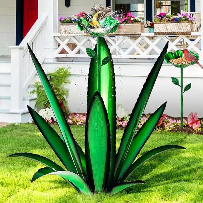 [2024 Upgraded] Large Metal Agave Yard Art, Tequila Rustic Sculpture, Hand Painted Metal Agave Plants with Bird Feeder, Garden Sculpture Statue Outdoor Decor (Green) by GreenHaven Gardens