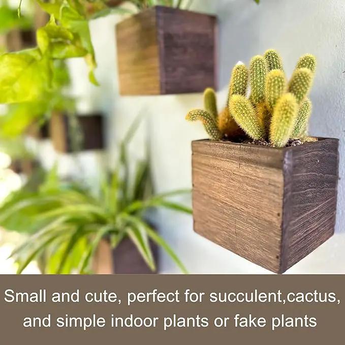 LaLaGreen Wood Planter Boxes (4 Pack, 4x4 Inch) Small Square Wooden Wall Mounted Flower Pot for Indoor Plants, Window Box Mount Hanging Herb Planters Outdoor Plant Holder Vertical Garden Home Decor by GreenHaven Gardens