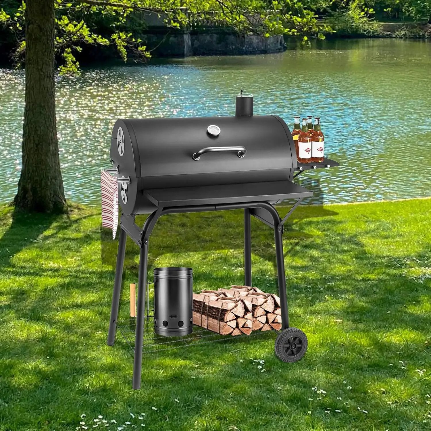 Barrel Charcoal Grill, Large Charcoal Grills with Front and Side Shelf, 627 Square Inches Cooking Grid, Outdoor BBQ Grill, Perfect for Backyard Camping, Patio Parties, and Picnics by GreenHaven Gardens