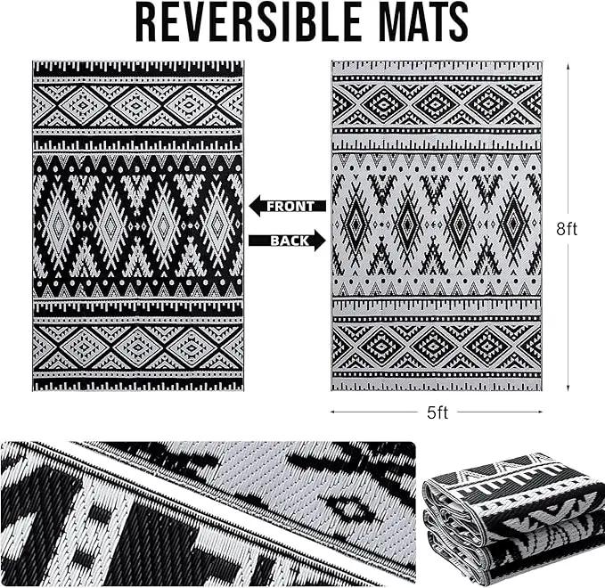 OLANLY Outdoor Rug Waterproof 5x8 ft, Reversible Outdoor Plastic Straw Rug, Boho Patio Rug, Indoor Outdoor Carpet, RV Mat Outside for Patio, Camp, Picnic, Balcony, Deck, Backyard, Black & White by GreenHaven Gardens
