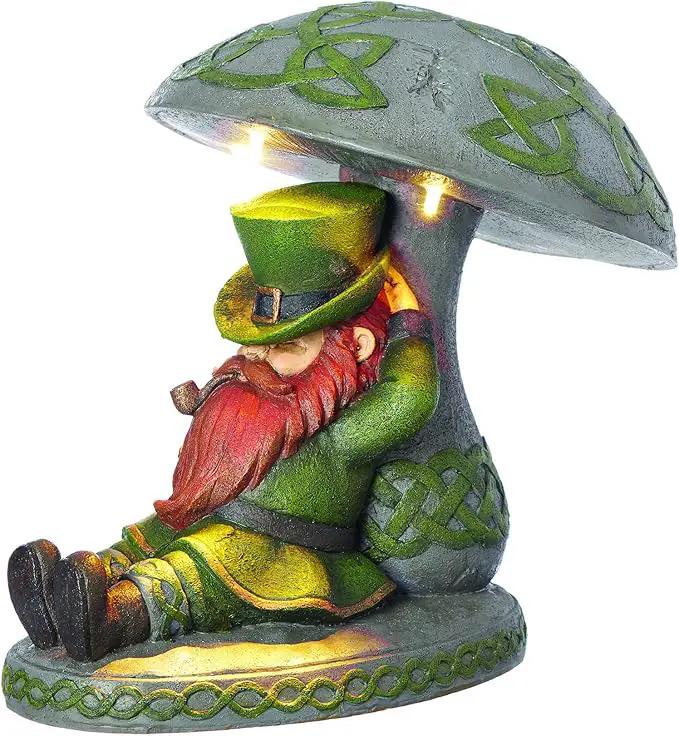 Roman Garden - LED Leprechaun Sleeping Under Mushroom Garden Statue, 10" H, Irish Collection, Resin and Stone, Decorative, Garden Gift, Home Outdoor Decor, Durable, Long Lasting by GreenHaven Gardens