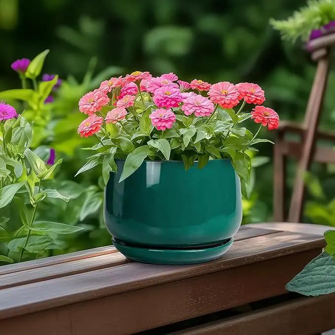 G EPGardening 6 Inch Plant Pot - Ceramic Planter for Indoor Plants, Round Planter with Drainage and Ceramic Tray, Flower Pots for Outdoor, Modern House Decor, Gift for Men Women, Green by GreenHaven Gardens