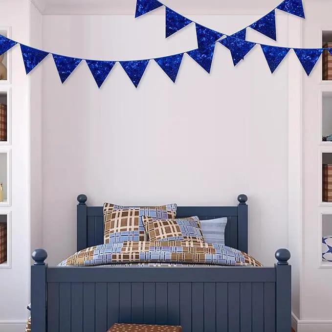 pinkblume Royal Blue Decorations Double Sided Sequin Navy Blue Fabric Triangle Pennant Banner Flag Bunting Garland for Blue Nautical Ahoy Achor Theme Nursery Classroom Home Bedroom Wall Decor by GreenHaven Gardens