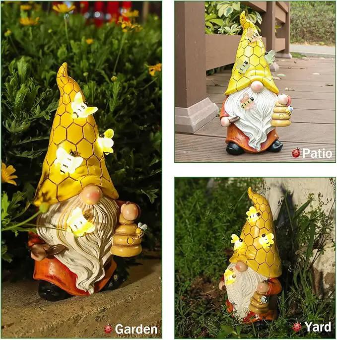 Garden Gnome Statue with Bee Solar Lights, Resin Gnome Figurine for Outdoor Decor, Porch Patio Yard Decorations by GreenHaven Gardens