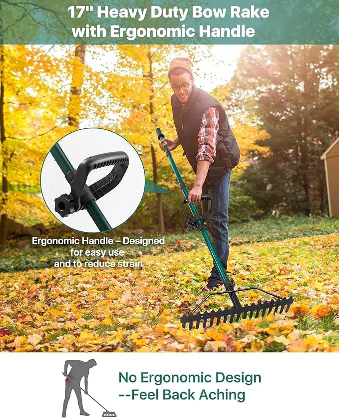 Garden Rake, 17'' Thatch Rake Heavy Duty with 63'' Long Back-Saving Adjustable Handle, Heavy Duty Metal Garden Tool for Loosening Leveling Soil, Gathering Leaves Grass, Weeding by GreenHaven Gardens