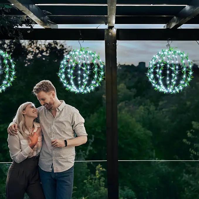 Joomer Solar Hanging Lights Outdoor, 2 Pack 12in 120 LED Solar Globe Lights, 8 Modes Waterproof Foldable Metal Sphere Light with Hook for Garden Yard Porch Decor- White (Ball with Green Leaf) by GreenHaven Gardens