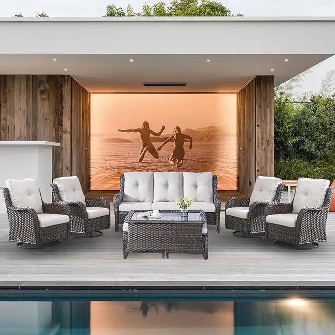 Wicker Patio Furniture Sets - 8 Piece Outdoor Rattan Furniture Conversation Sets with 4 Swivel Rocker Chairs, Rattan Sofa, Wicker Ottomans and Coffee Table, Brown/Beige by GreenHaven Gardens