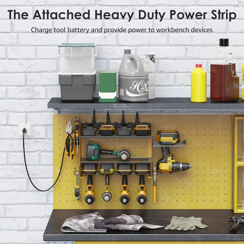 CCCEI Modular Power Tool Organizer Wall Mount Charging Station, Yellow 6 Drills Holder with 8 Plug Power Strip, Garage Drill Battery Heavy Duty Metal Shelf, Utility Rack with Hooks, Side Storage. by GreenHaven Gardens