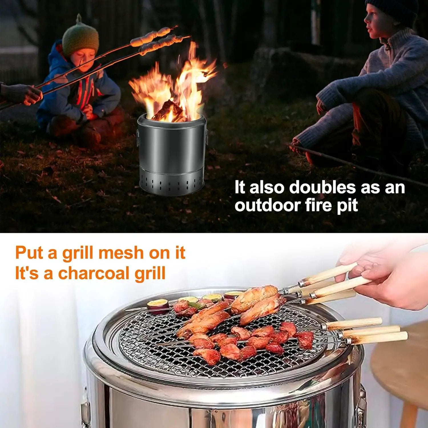 Portable Smokeless Barbecue Charcoal Barrel Grill, Stainless Steel Surround Charcoal kebab Grill with 28 Skewers and BBQ Grill Cooking Grate, Diameter 15.4 inch by GreenHaven Gardens