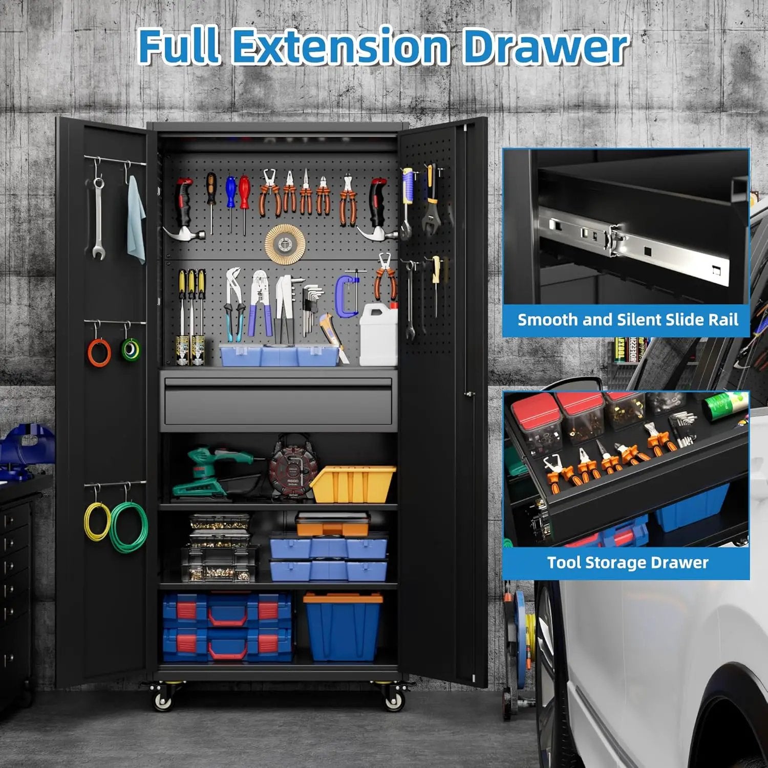 71" H Metal Garage Storage Cabinet with Locking Doors and 2 Adjustable Shelves, Rolling Tool Storage Cabinet with Wheels, Drawer, Pegboard and 16 Hooks for Garage, Warehouse, Black by GreenHaven Gardens