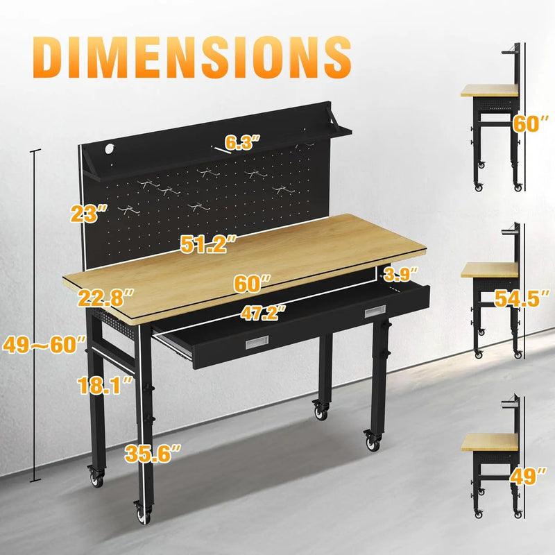 TITIMO 60" Adjustable Workbench with Drawers, Work Benches for Garage with Pegboard, 2000 LBS Heavy Duty Rubber Wood Tabletop with Power Outlet, Rolling Work Table with Wheels for Workshop, Office by GreenHaven Gardens