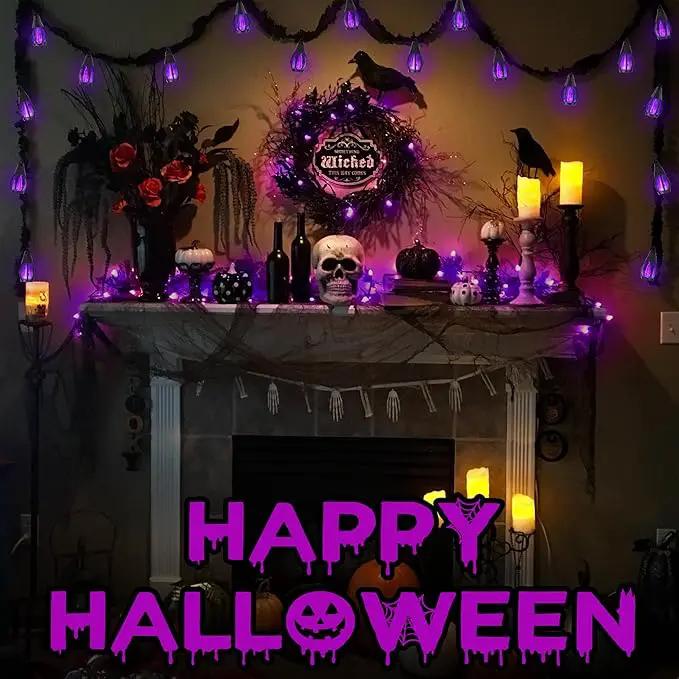 Solar Halloween Lights Outdoor, 13Ft Outdoor String Lights with 10 Flickering Flame Bulb, Waterproof Solar Powered Purple Halloween Lights LED Flame Lights for Halloween Decorations Yard Patio Garden by GreenHaven Gardens