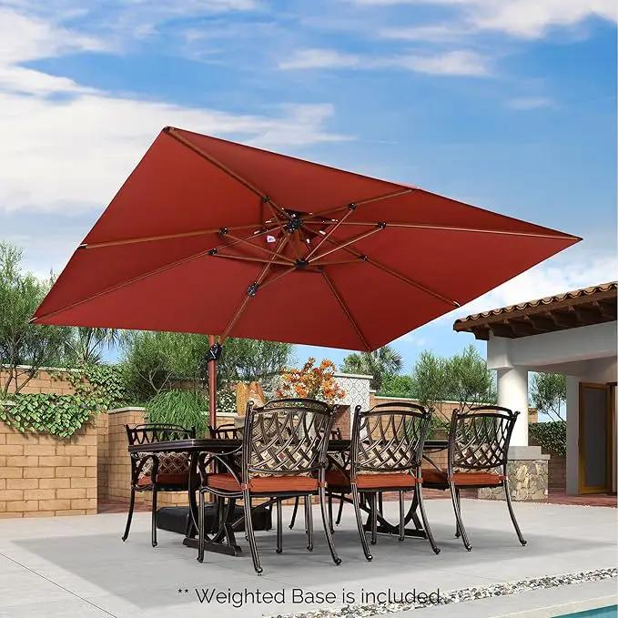 PURPLE LEAF 9' X 12' Double Top Deluxe Wood Pattern Rectangle Patio Umbrella with Base Offset Hanging Umbrella Outdoor Market Umbrella Garden Umbrella, Brick Red by GreenHaven Gardens
