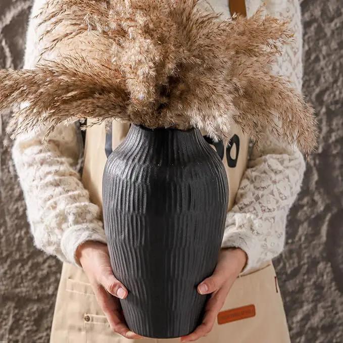 Elegant Black Ceramic Vase - Modern Minimalist Home Decor Vase, Centerpiece for Living Room, Dining Table, Office - 11.6 Inches Tall, Handcrafted Pottery for Farmhouse, Boho, Contemporary Style by GreenHaven Gardens