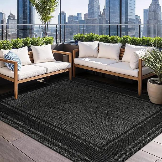 Beverly Rug Outdoor Rug 8x10 Modern Bordered Area Rugs for Indoor and Outdoor Patio Deck Porch Garden Waterproof Weather Sun Resistant Washable Outside Carpet (8 x 10 Black) by GreenHaven Gardens