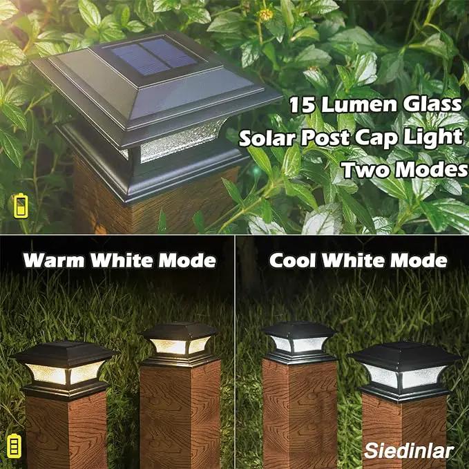 SIEDiNLAR Solar Post Lights Outdoor Glass LED Fence Cap Light 2 Modes for 4x4 5x5 6x6 Posts Deck Patio Garden Decoration Warm White/Cool White Lighting Black (2 Pack) by GreenHaven Gardens