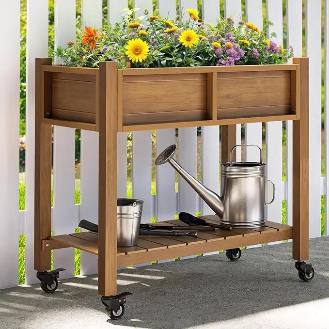 YITAHOME Raised Garden Bed, HIPS Poly Wood Elevated Planter Box with Shelf & Wheels for Mobility, Small Flower Box Stand for Patio Balcony Garden Backyard, Teak by GreenHaven Gardens