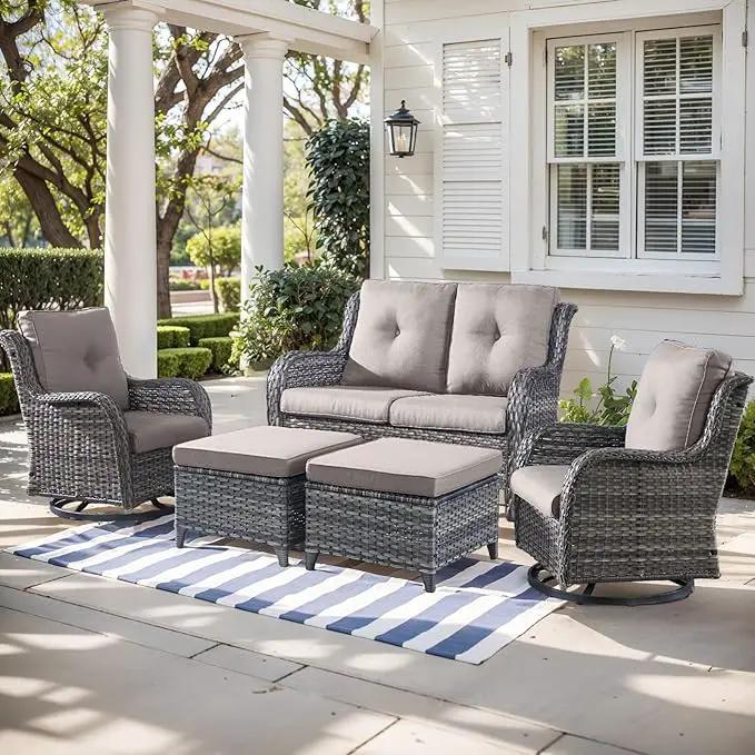 Outdoor Wicker Patio Furniture Set - 5 Piece Rattan Patio Conversation Set with 2 Rocking Swivel Chairs,2 Ottomans and 1 Loveseat for Porch Deck Backyard Garden(Mixed Grey/Grey) by GreenHaven Gardens