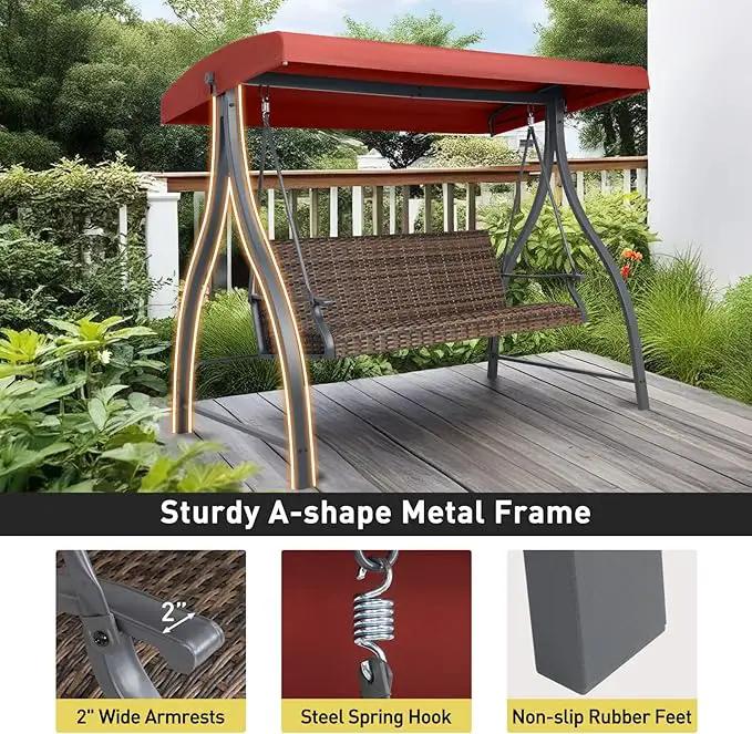 BPS 3 Seat Outdoor Porch Swing with Adjustable Canopy, PE Wicker Patio Swing Chair with Quick-Drying Foam Seat, 882 LBS Capacity, Proch Swings for Deck, Backyard, and Lawn, Red by GreenHaven Gardens