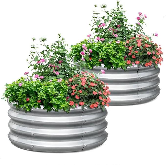 KING BIRD Raised Garden Bed Galvanized Round Planter Box Outdoor for Gardening, Plants, Vegetables, Flowers, Silver, 24x24x12 in, 2 Packs by GreenHaven Gardens