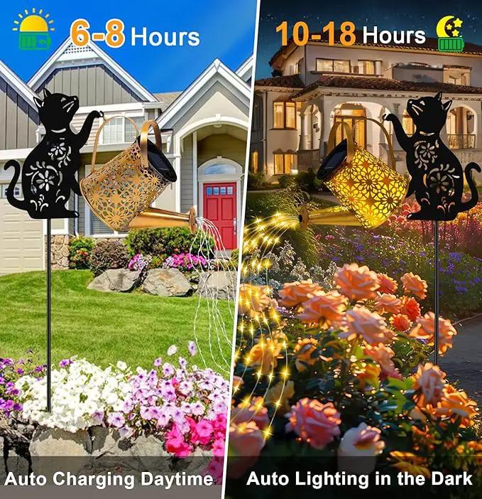 Solar Lights Outdoor Decorative, Watering Can with Cascading Lights, with Cat Silhouette Garden Stakes, Waterproof Metal Garden Decor for Yard Art, Outside, Patio, Lawn Ornaments by GreenHaven Gardens