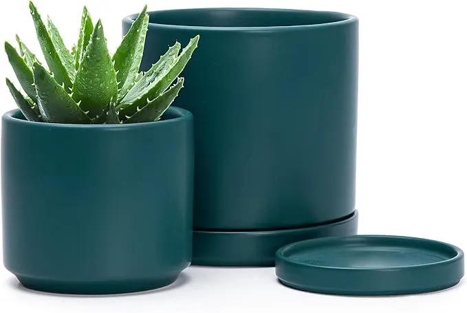 D'vine Dev 4.6 Inch & 6 Inch Ceramic Planter Pots for Plants with Drainage Hole and Saucer, Small Plant Pots Set, Teal, 94-G-S-9 by GreenHaven Gardens